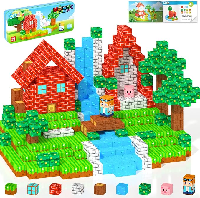 Magnetic Blocks Kids Travel Toys with Portable Metal Tin Montessori Toys | Building Blocks STEM Magnet Magnetic Tiles Toddler Kids Toys for 3+ Year Old Boys & Girls, Classroom Must Haves Creative Gift