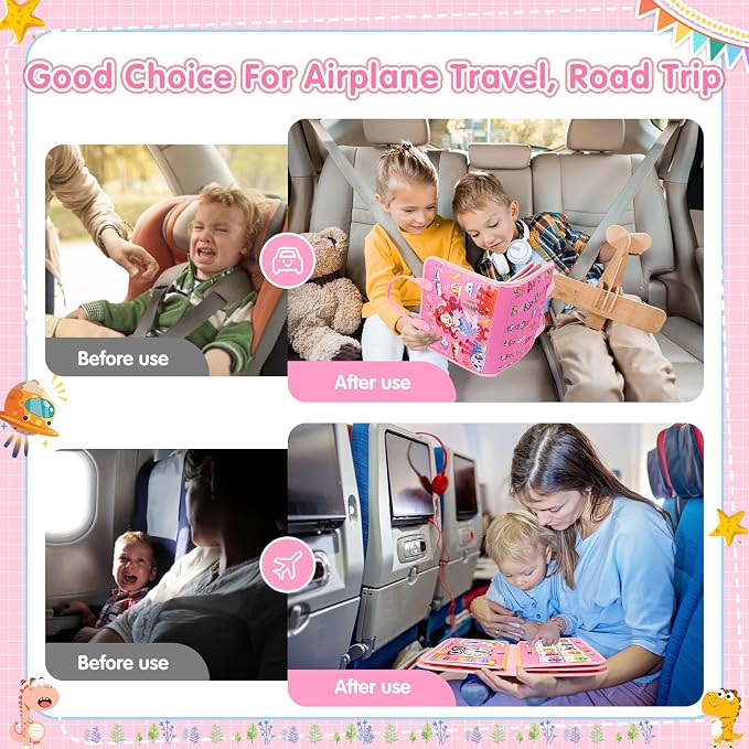 3 Year Old Girl Birthday Gift, Montessori Busy Board Book, Toddler Toys for 3-6 Year Old Girls Gift, Educational Sensory Learning Activity Toys for Airplane Car Indoor Outdoor