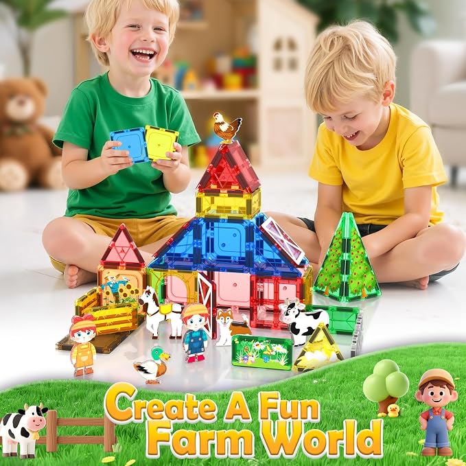 Magnetic Tiles Farm Animals Set, Immersive Storytelling Building Blocks for Toddlers 3-5, 3D Farm House STEM Toys with UV-Printed Realistic Animals, Compatible with All Major Brands