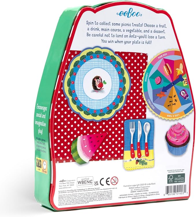 eeBoo: Spin to Play Picnic - Game for Kids, Gather Food with Friends, Preschool, Ages 3+, 2-4 Players, 15-25 Min Playing Time