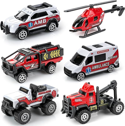 6 Pack Diecast Ambulance Toy, Mini Alloy City Rescue Emergency Vehicle Toys Playset Helicopter Toy Trucks for Boys Age 4-7 8 9 Years Old, Car Toys for Kids Toddlers Party Favors & Birthday Gift | Ambulance Vehicle Playset with Helicopter, Emergency Car...