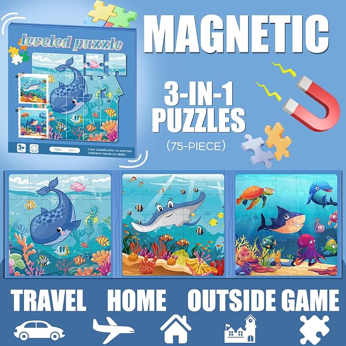 Magnetic Puzzles for Toddlers 3-5 Toddler Puzzle Travel Toys （Sea） | Jigsaw Puzzles for Kids 75-Pieces Travel Toys Sea Puzzles Ages 4-6 Road Car Trip & Airplane