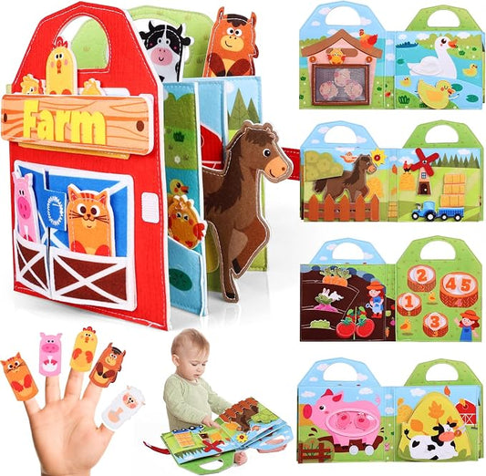 Busy Board for Toddler, Montessori Toys Farm Animals Busy Book for 2-4 Year Old Boy Girl, Quiet Activity Books Gift for Kid, Felt Busy Learning Toy for Toddlers, Car Airplane Travel Toys