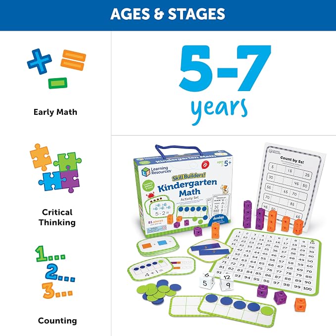 Learning Resources Skill Builders Kindergarten Math Activity Set - Kindergarten Learning Math Manipulatives Game, Number and Counting Blocks Activities, Classroom Manipulatives Teaching Materials