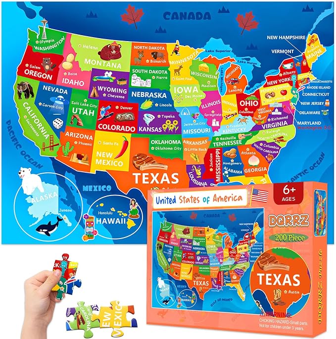 Puzzles for Kids Ages 6-8 8-10 - 200 Piece United States & USA Puzzle | Educational USA Learning Toys.Colorful Children Puzzles for 6 7 8 9 10 11 12 Years Old Boys and Girls.Holiday Gifts