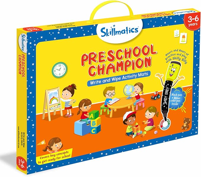 Skillmatics Educational Game – Preschool Champion, Reusable Activity Mats | Write and Wipe Boards with 2 Dry Erase Markers, Learning & Travel Toy, Screen-Free, Gift for Kids Ages 3, 4, 5, 6