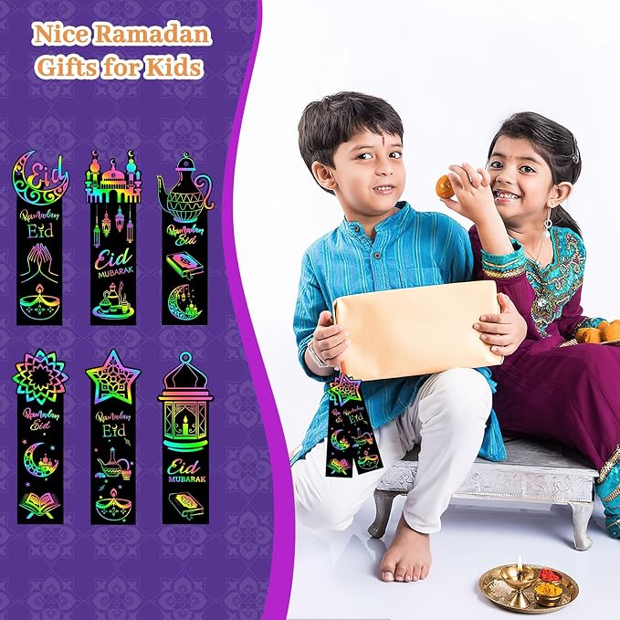 JUNEBRUSHS 30Pcs Ramadan Crafts, Rainbow Magic Ramadan Scratch Bookmarks for amadan Gifts Eid School Classroom Activities Ramadan Arts and Crafts Eid Party Favors