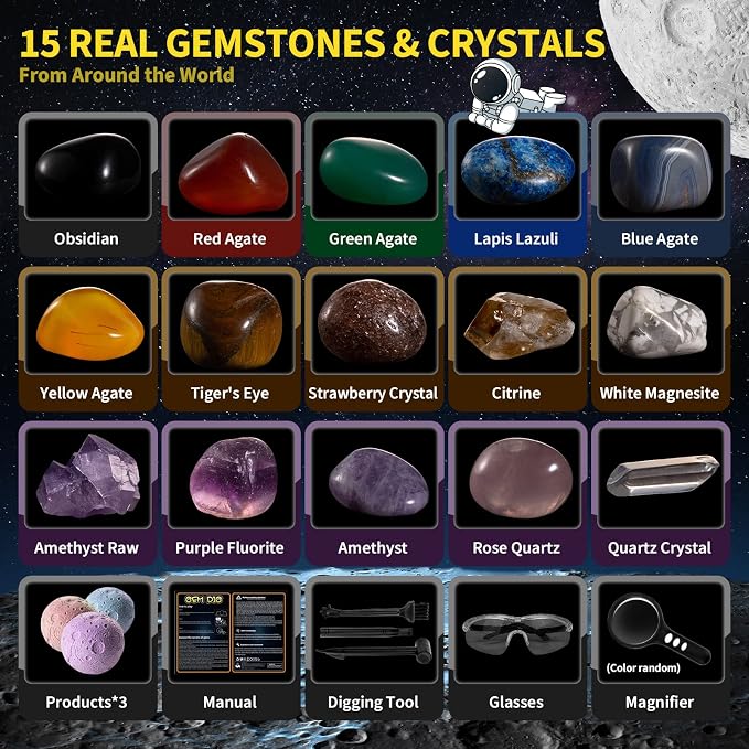 GobiDex 15 Gemstones Dig Kit, Space Science Kit for Kids Ages 6+ | STEM Educational Space Toys Planet Collection Kit, Archaeology Geology Science Projects Gift for Boys&Girls Age 6+