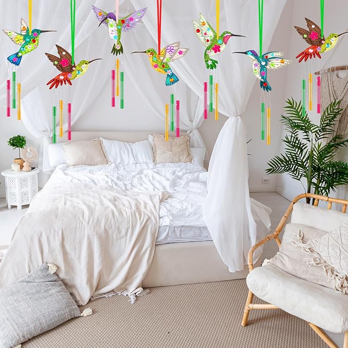 JellyArch 30 Pack Hummingbird Chime Craft Kit for Kids, DIY Painting Set | Wooden Ornament Art, Includes Chime Tubes Paints Brushes Stickers, Bulk Set for Summer Parties Group Activities