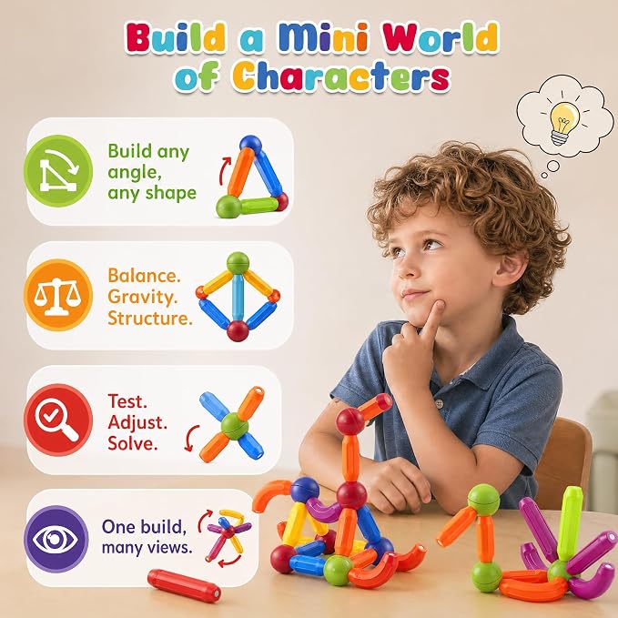 3 otters 36 PCS Magnetic Sticks and Balls, 2 Magnetic Men, Guide | STEM Building Toy for Kids, Educational Construction, Classroom Activities, Travel Toys