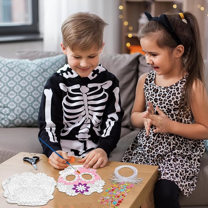 24 Pcs Day of The Dead Crafts for Kids DIY Coloring Halloween Masks | Color Your Own Skull Masks Dia de Los Muertos Party Games for Boys Girls School Classroom Craft Toys Cosplay Dress Up