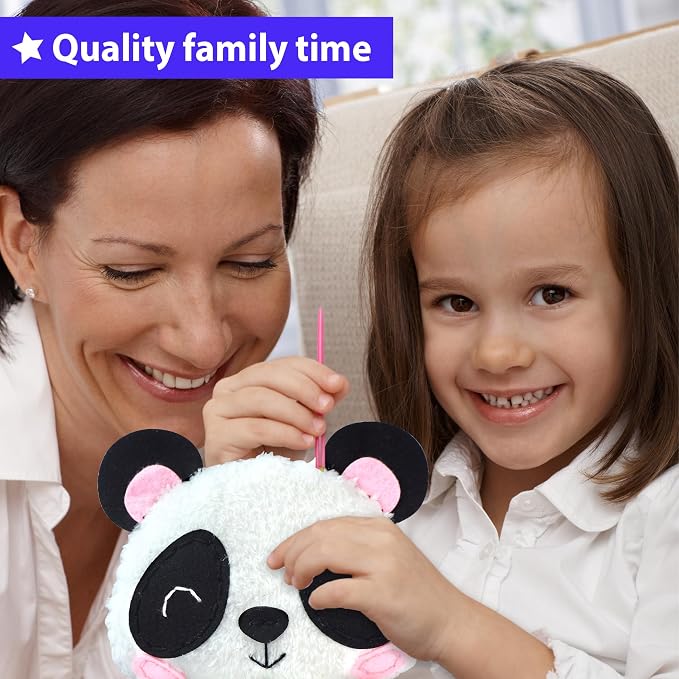 KRAFUN Panda Sewing Kit for Kids Ages 8-12 - No Scissors No Glue | Pre-cut & pre-punched felt. Child-safe needle included. Sew your own plush panda. Beginner craft gift for girls & boys