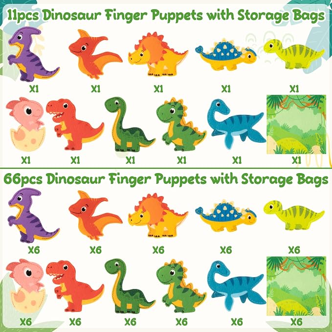 COcnny Dinosaur Finger Puppets Craft- 11pcs Dinosaur Felt Finger Puppet with Jungle Bag Set Making Crafts Kit for Kids, Make Your Own Story Telling Toys, Role Play for Boys Girls Toddles Ages 3-8