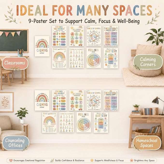 10''x14'' Calming Corner Posters Set of 9 , Calm Down Corner Supplies