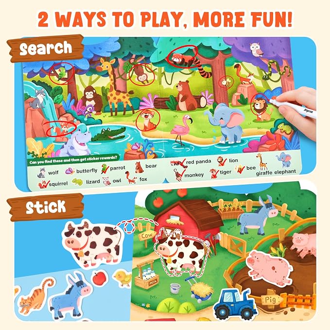 JoyCat Reusable Sticker Book Set, 4-Pack, 120+ Stickers, Kids Travel Toys | Sticker activity books for toddlers offer car, airplane and road trip fun; preschool educational gifts for boys and girls.