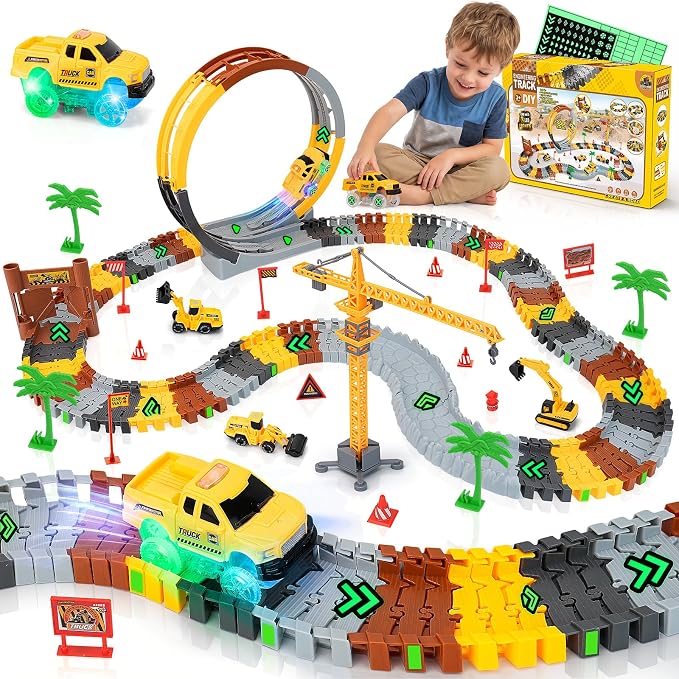 Coroiesty 157 PCS Construction Race Tracks for Kids with 360° Loop Ramp | Glow in The Dark Magic Toy Set, 1 Light Up Car, 3 Construction Cars, Flexible DIY Track Set, Gift for 3-9 Year Old Boys Girls