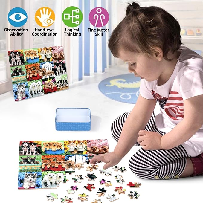 LELEMON Puzzles for Kids Ages 4-6,Cute Dogs 100 Piece Puzzles for Kids Ages 6-8 in a Metal Box,Educational Jigsaw Puzzles,Childrens 100 Piece Puzzle Games Puzzle Toys for Girls and Boys