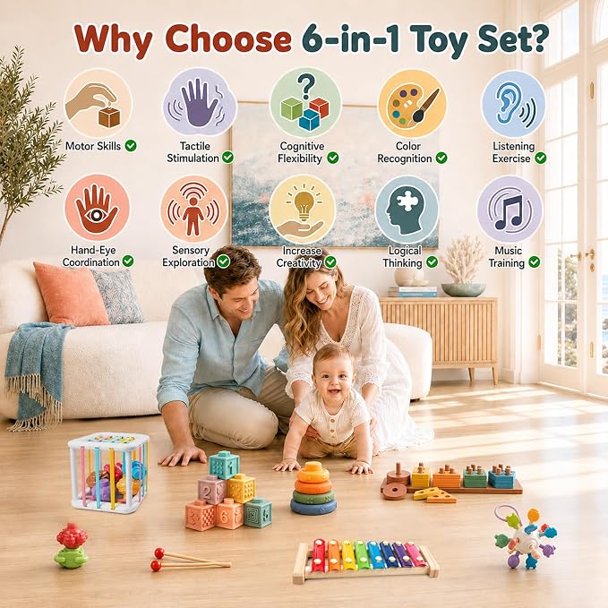 6-in-1 Montessori Baby Toy Set with Wooden Shape Sorter Xylophone Teether | 5 Stacking Rings, 6 Building Blocks, 20 Shape Blocks, Sensory Cube, Stacking, Sorting, Matching, Fine Motor Play, Baby Gift