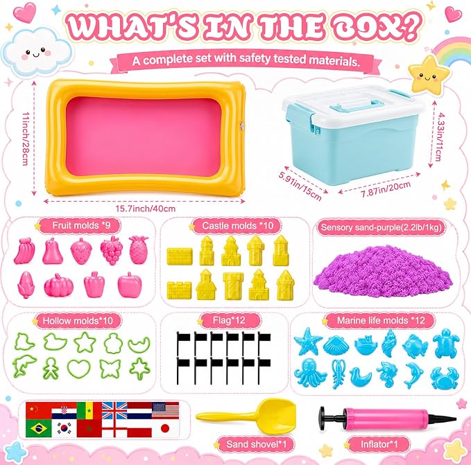 Teyva Daily 59 Pcs Sensory Bin Sand Kit with 2.2lbs Purple Moldable Play Sand, Inflatable Tray, Lidded Storage Box, Castle Ocean Animal Fruit Molds, Flags and Pump for Kids Toddler Ages 4-6