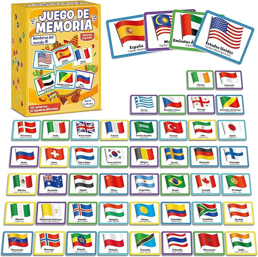 gisgfim 100 PCS Juego de Memoria de Banderas del Mundo en español para niños y adultos Flags of the World Memory Matching Games in Spanish Educational Matching Game Fun Fast Memory Game Gift Learning