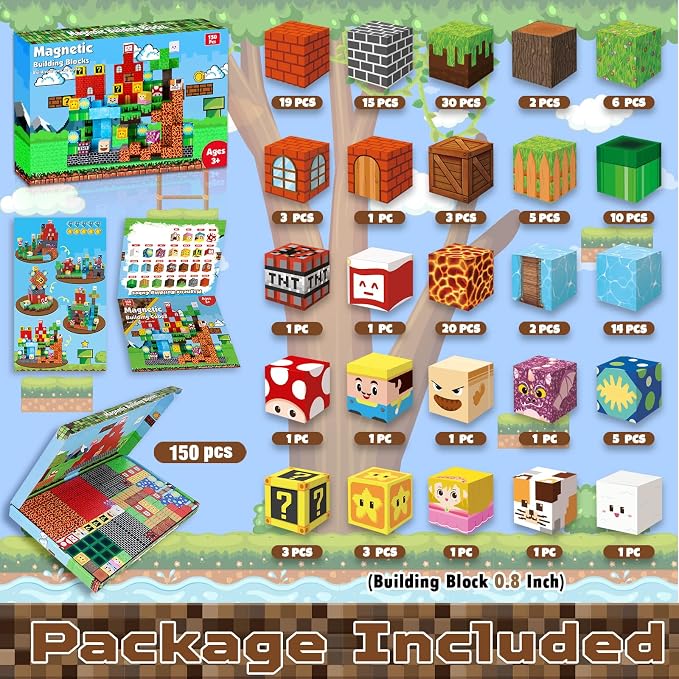 ToyUnited Magnetic Blocks-150 PCS Build Adventure Game Castle World Set - Magnetic Building Cubes Stacking, STEM Montessori Sensory Toys for Kids Boys Girls Ages 3+ Birthday Gifts