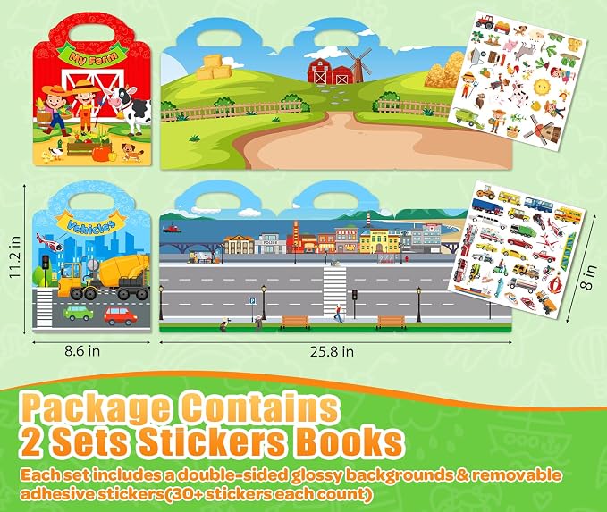 2 Sets Reusable Sticker Books for Toddler 1-3, Activity Books for Toddlers 2-4, Arts Crafts Jelly Stickers Travel Toys for Kids 3-5, Holiday and Birthday Gifts Easter Basket Stuffers for Boys Girls