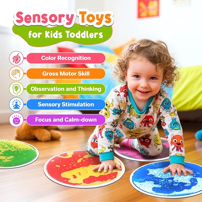 Sensory Floor Tiles for Kids: 4 Pack Sensory Toys for Kids with Autism | Round Liquid Play Mats for Lava Games, Gross Motor Skills- Sensory Room, Daycare Essentials, Preschool Must Have
