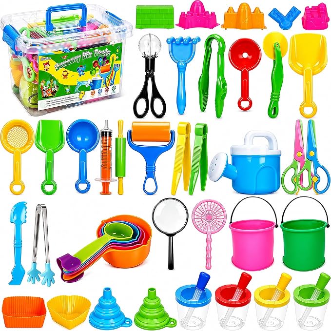 46 PCS Sensory Bin Filler Tools – Fine Motor Skills Development Kit with Scoops, Tweezers, Tongs, Shovels, Funnel,Sensory Bin Accessories for Sorting Counting