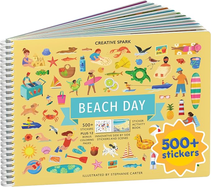 Cupkin Beach Day Coloring & Sticker Activity Book | 500+ Stickers | Spiral-bound kids craft format with 12 scenes, 12 art pages, side-by-side viewing, and an easy-peel design for ages 2–8