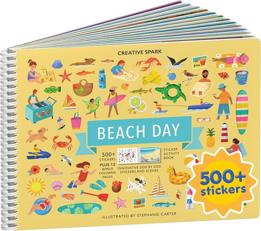 Cupkin Beach Day Coloring & Sticker Activity Book | 500+ Stickers | Spiral-bound kids craft format with 12 scenes, 12 art pages, side-by-side viewing, and an easy-peel design for ages 2–8