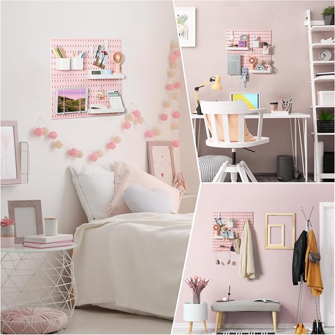 VUSIGN Pegboard Combination Wall Organizer Kit 22" x 22", Pink | 4 Pieces Pegboards and 17 Accessories, Wall Mount Display Peg board Panel Kits for Bedroom, Home, Office, Bathroom