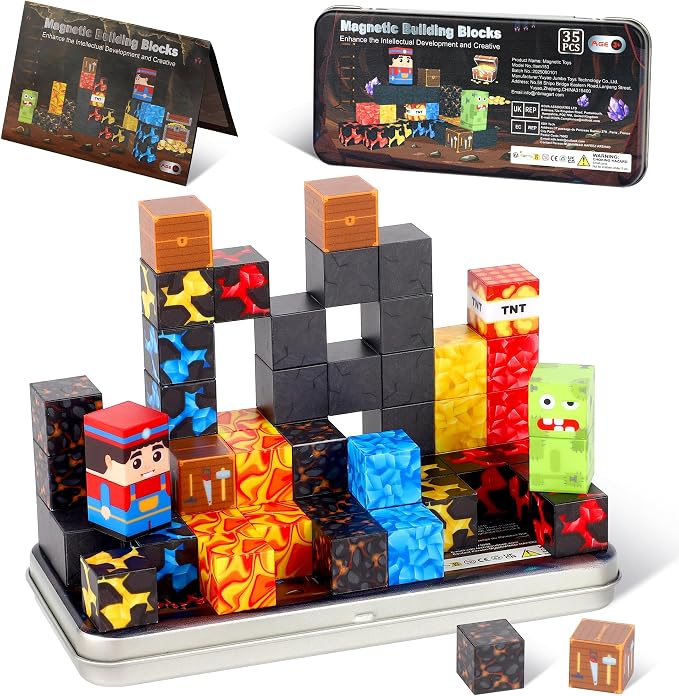 SYSKENI 35PCS Mini Magnetic Blocks Travel Set for Kids Ages 3-5 4-8 | Magnetic Blocks Travel Toys Portable Magnet Cubes STEM Learning Toys with Portable Iron Storage Box Christmas Birthday Gifts