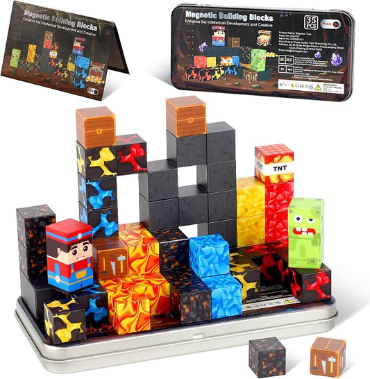 SYSKENI 35PCS Mini Magnetic Blocks Travel Set for Kids Ages 3-5 4-8 | Magnetic Blocks Travel Toys Portable Magnet Cubes STEM Learning Toys with Portable Iron Storage Box Christmas Birthday Gifts