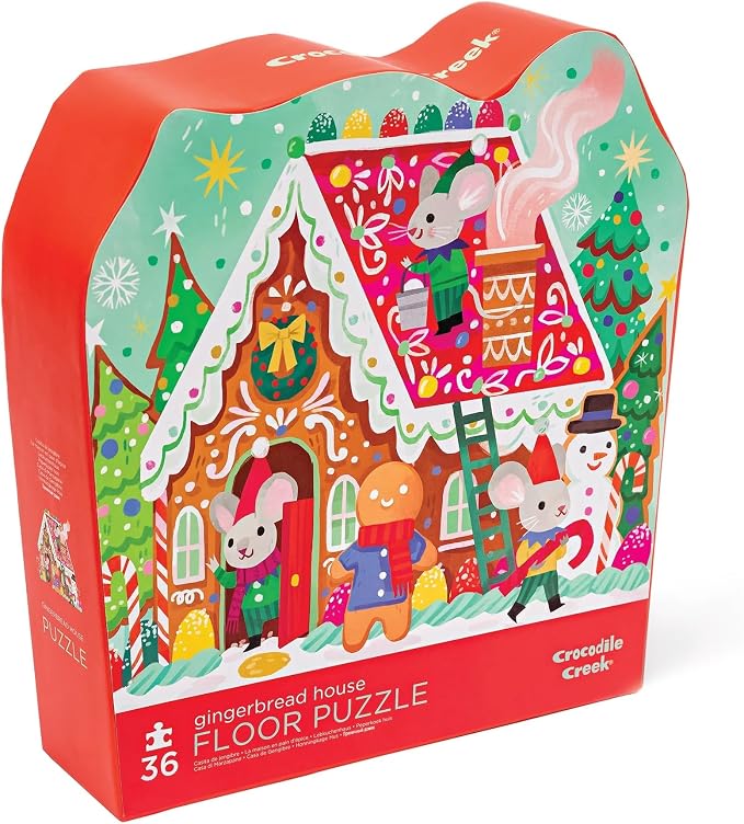 Crocodile Creek 36-Piece Jigsaw Floor Puzzle - Fun Floor Puzzles for Kids Ages 3-5 - Heavy-Duty Shaped Box for Storage - Gingerbread House - 20" W x 16" H Finished