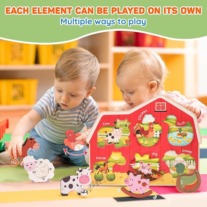 KALOTOYS Wooden Farm Animal Puzzle for Toddlers 1-3 – 6 Piece Montessori Sound & Sensory Puzzle with Textures & Hatching-Egg Chicken – Fine Motor Learning Toy & Autism-Friendly Baby Gift