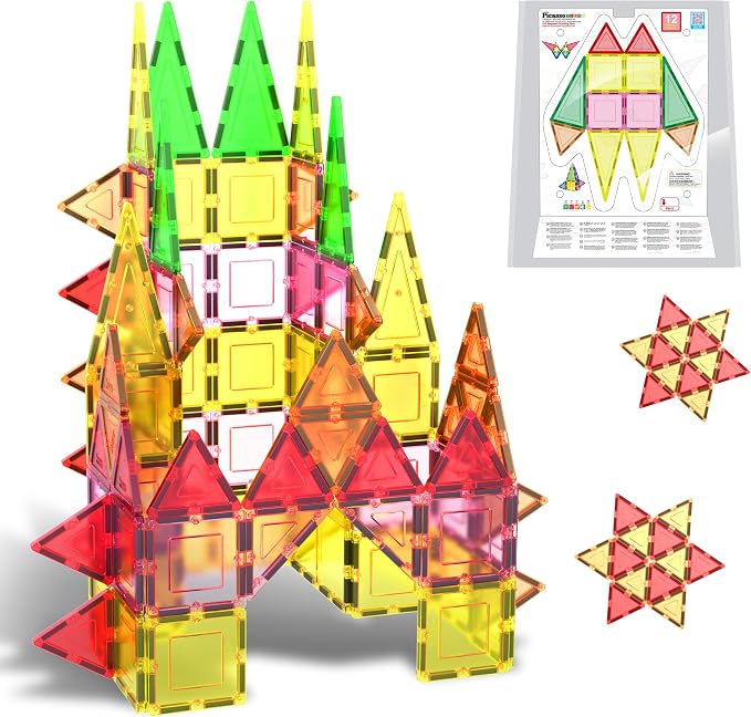 PicassoTiles Magnetic Tile Building Block Set with Squares and Triangles STEM Educational Construction Geometric Magnet Shape Kit for Brain Development Creativity and Learning for Kids Age 3 Plus PB12