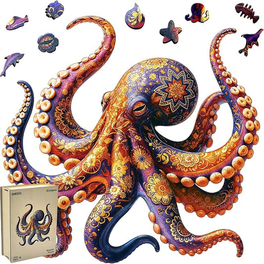 Wooden Puzzles for Adults, Octopus Jigsaw Puzzles for Adults, 5MM Unique Animal Shaped Wood Cut Puzzles 200 Piece, Fun Challenging Octopus Puzzles Gift for Kids Family Game Night Home Decor 10.5*11in