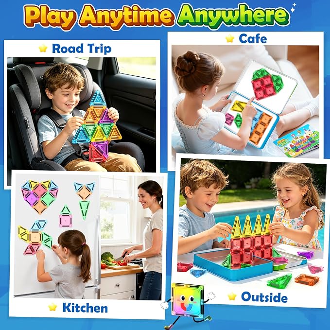 Soyee Mini Travel Magnetic Tiles 60PCS with Metal Tin Case Toddler Kids Toys Travel Essentials, Toddler Travel Toys Portable STEM Building Blocks Compatibility with Regular Size Magnetic Tiles