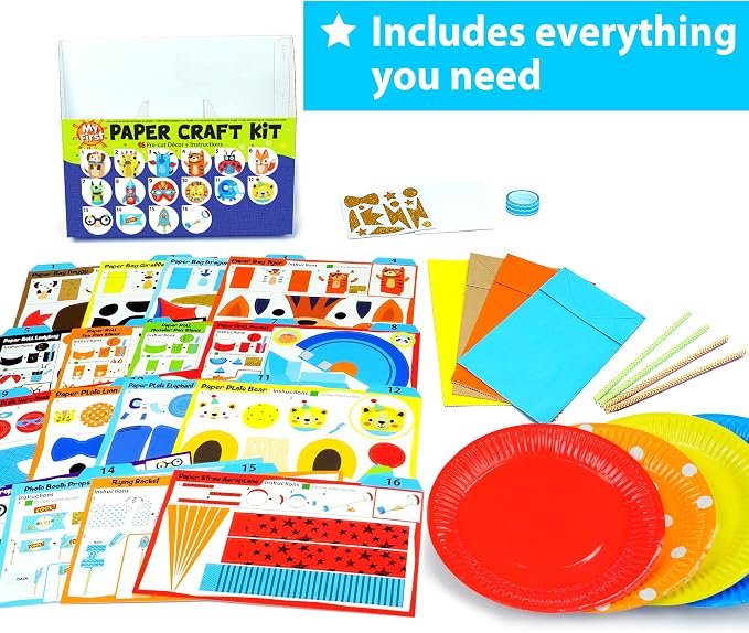 KRAFUN Safari Animal Beginner Paper Craft Kit for Kids Age 3+ | 16 Projects | 16 projects with paper bags, plates & rolls. Lion, Tiger, Giraffe & Elephant themes. Activity for boys & girls