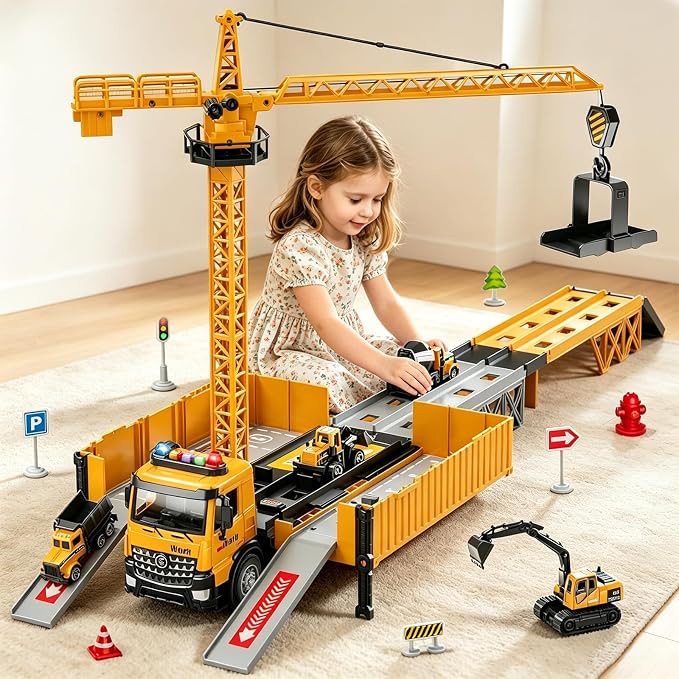 Carrier Truck Race Track Boy Toddlers Toys, Truck Toys for Toddlers 3-5 5-7, Toy Transport Car with Tower Crane Light & Sound, Excavators Cars Gifts for Age 3 4 5 6 7 Years Old Boys Girls