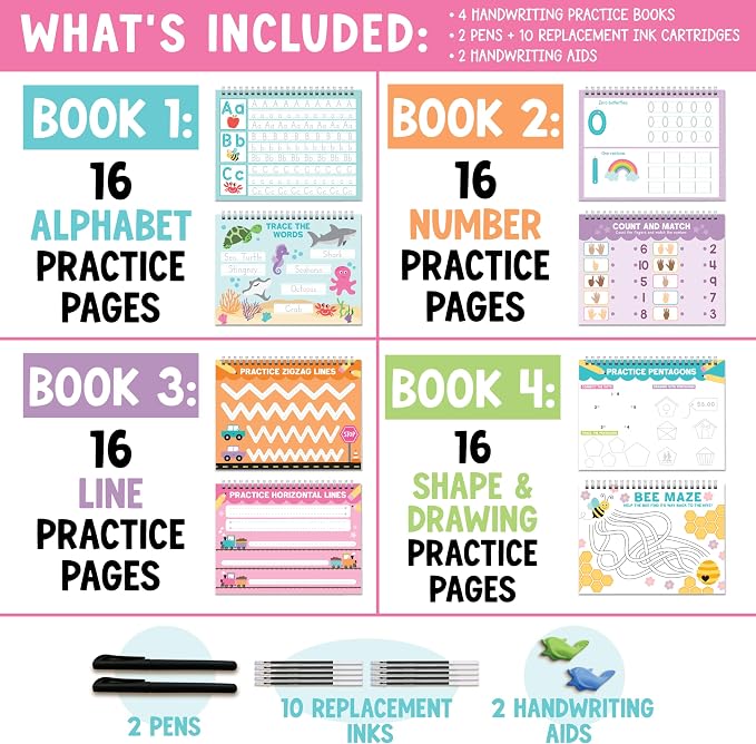 Grooved Writing Books for Kids 3-5, 4 Large Reusable PreK Tracing Workbooks | Preschool Learning Activities, 3D Magic Grooved Writing Practice for Kids, Disappearing Ink Handwriting Book, Magic Copybooks
