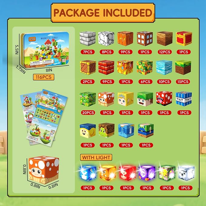 116 PCS Mini Magnetic Blocks Building Toys with 7 Light-Up Cubes, Portable Magnetic Travel Blocks with Iron Case for Kids Aged 3+, Educational Toy for STEM & Construction Learning