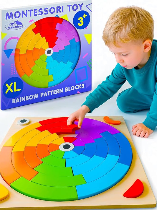 Montessori toys Wooden Pattern Blocks Tangrams for Kids 3-5 Years Old XL | Preschool Learning Activities, Color Sorting Stacking, Educational Games, Fine Motor Skills Development, baby girls and boys