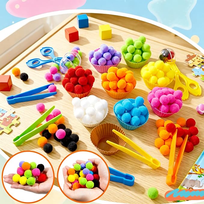 Bbiamsleep 180 Pcs Sensory Bin Fillers, Sensory Bin Pompoms | Sensory Bin Items Includes Pom Poms Sorting Bowls Tweezers Scissors Clips for Counting Sorting