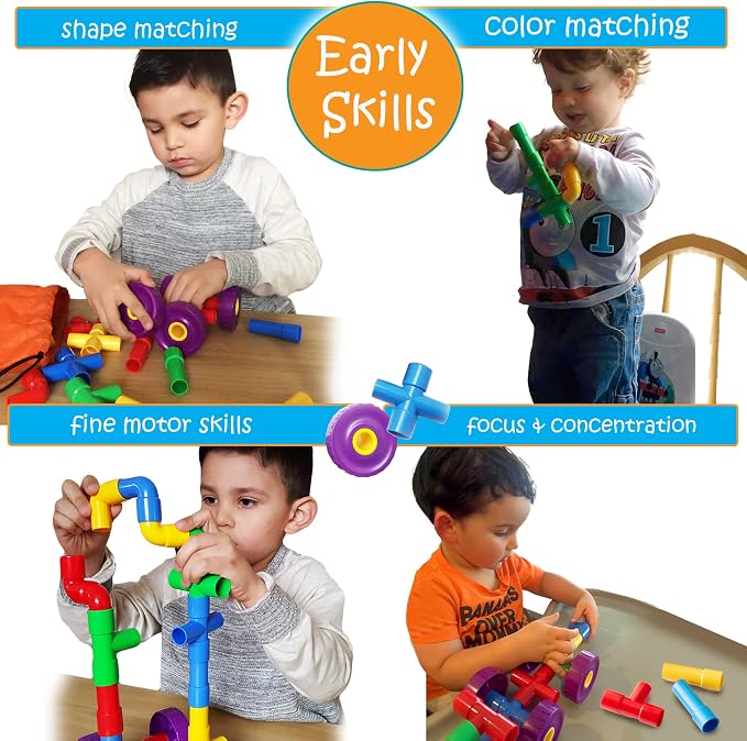 STEM Pipe Tube 29 Pc Building Blocks Set, ADHD & Autism, Kids | Educational Construction Building Blocks for ADHD & Autism for Baby, Kid Includes Wheels Pipes Joints and eBook