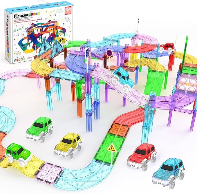 PicassoTiles 150 Piece Race Car Track, Magnetic Building Set with 4 Cars 3+ | BPA-free plastic, screen-free STEM fun, sharpens hand-eye motor skills, expands into full-size collections, smooth safe edges