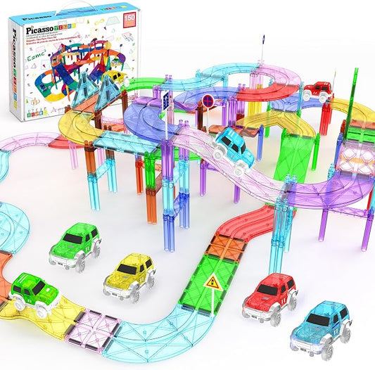 PicassoTiles 150 Piece Race Car Track, Magnetic Building Set with 4 Cars 3+ | BPA-free plastic, screen-free STEM fun, sharpens hand-eye motor skills, expands into full-size collections, smooth safe edges