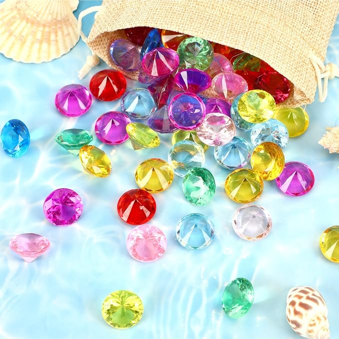150 Pcs Pirate Treasure Gems Toys Acrylic Diamonds Diving Jewels | Plastic Fake Gemstones, Summer Pool Dive Water Toy, Sensory Bin Filler, Pirate Party Favors Decorations, Treasure Hunt Games