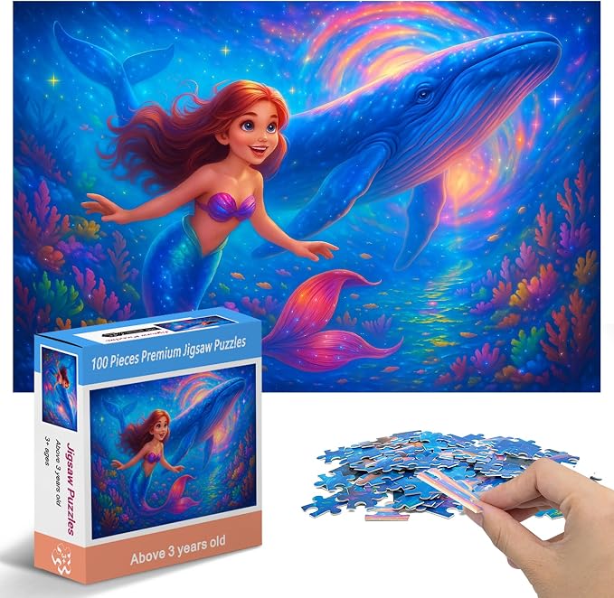 100 Piece Puzzles Mermaid and Whale Puzzle for Kids Ages 4-6 6-8 8-10 | Learning Educational Jigsaw Puzzles Toys with Full-size Poster, Holiday/ Birthday/Party/School Gifts for Children