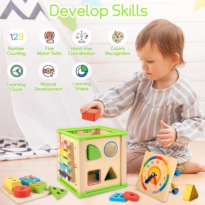 WOODMAM Wooden 7-in-1 Activity Cube, Montessori Toys for 1 2 Year Old | Educational Developmental Toys, One Year Old Boy Girl Birthday Gifts, Bead Maze, Xylophone, Sorting & Stacking Board